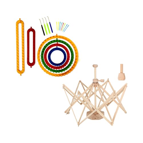Olikraft Complete Knitting Loom Kit and Wooden Yarn Swift - Round Knitting Looms, Chunky Blanket Loom, Hat Loom, Scarf Loom, with Lightweight Reverse Yarn Umbrella Swift for Knitting & Crocheting