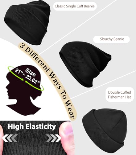 100% Cotton Beanie Hat Winter Hats Women Men Warm Knit Beanies | Double Layer Warmth ,Ultra-Soft Itch-Free Pure Cotton Knitted, Cuffed & Uncuffed Fisherman Slouchy Skull Cap for Womens Mens - color: 1pcs Black