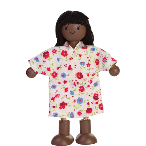 PlanToys® Mother Poseable Wooden Dollhouse Figurine 1:12 Scale 5-Inch Doll | mom character, doll house people accessories, bendable arms, kids pretend play, girls montessori learning gift 3+ for boys - color: African American Mom