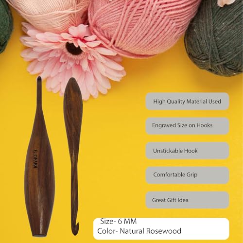 Handcrafted Wooden Crochet Hooks with Bag, 4 MM to 10 MM | Comfortable Grip | Smooth Finish & Ergonomic Design | Galaxy Indiacraft (Natural Rosewood, 6 MM) - color: Natural Rosewood, size: 6 MM