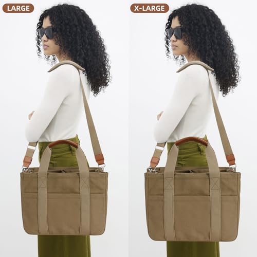 KKXIU Canvas Tote Bag for Women with Zipper and Compartments Crossbody Large Bible Messenger Purse Bag With Pockets - color: Brown, size: X-Large
