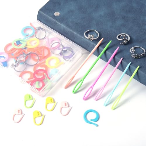 HUISUYTON 9PCS Crochet Ring for Finger with 30 Stitch Markers & 6 Needles | Adjustable Crochet Tension Ring, Yarn Rings for Crocheting Knitting Gifts for Women - color: Silvery