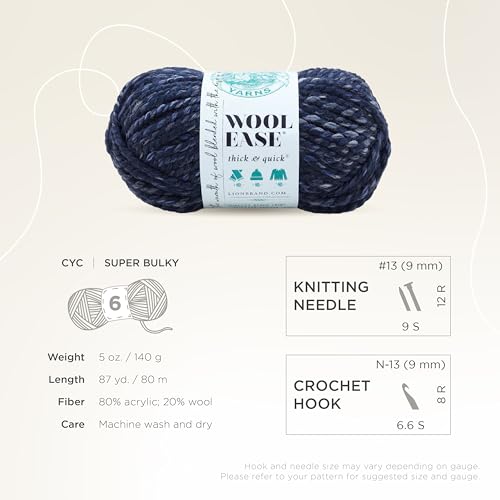 Lion Brand Yarn Wool-Ease Thick & Quick Yarn, Soft and Bulky Yarn for Knitting, Crocheting, and Crafting, 1 Skein, River Run | Super Bulky Wool Acrylic Blend Fiber for Soft Hats, Sweaters, Chunky Blankets, Yarn for Crochet, Knitting, Crafts, Weaving - col