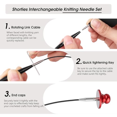 Guclud Interchangeable Circular Knitting Needle Set, 3-Inch Shorties Knitting Needles Sizes US 2.5, 3, 4, 5, 6, 7, 8, 9, 10 with Cables, Accessories and Case, 9-Pairs - size: 3-Inch (8cm)