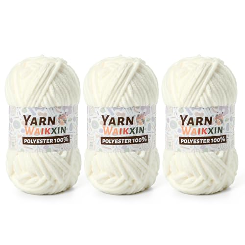 3 White Soft Chenille Yarn for Crocheting, Fluffy Chunky Crochet Yarn for Baby Blanket, (10.58oz/393yds) Fuzzy Velvet Yarn for Amigurumi&DIY Puzzle、Crafts、Scarf - color: 3 White