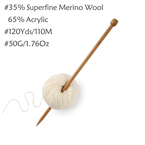 Merino Wool Yarn for Knitting & Crocheting - 35% Wool, 65% Acrylic - color: White, size: 2 Ball