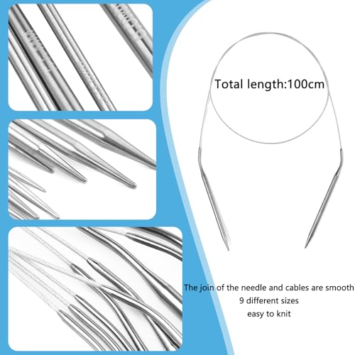 Circular Knitting Needles Set,9 Pack Round Long Stainless Steel Knitting Needles Kit (39 Inch/100cm),9 Sizes from 2mm-6mm,with Small Tools for Beginners,Making Sweater,Scarf,Blanket - size: 100cm(from tip to tip)