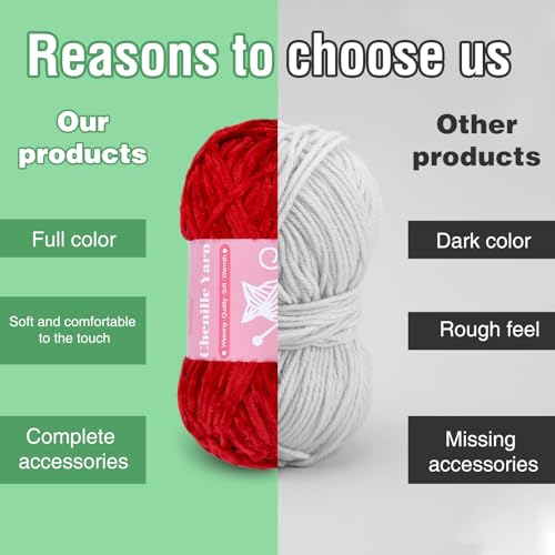 LUNARM Chenille Yarn for Crochet Knitting Chunky Blanket Velvet Yarn | 3 Pack 3.5oz/100g 486 Yard Chenille Yarn for Beginners Knitting Scarves with Big Eye Needles Machine Washable - color: Fresh Red