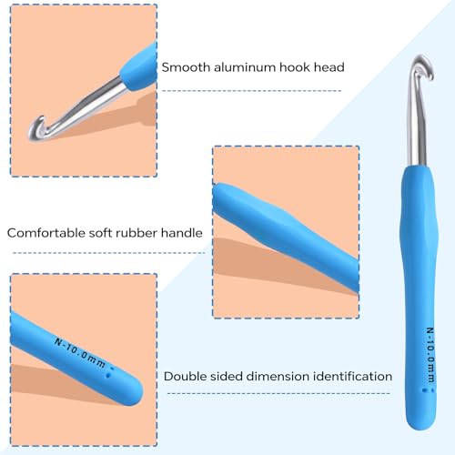 10mm Crochet Hook, Ergonomic Crochet Hooks with Soft Rubber Handle and Smooth Glide Head - Lightweight Aluminum Needles for Beginners, Arthritis, Yarn Projects, Long Crafting Sessions (10.0 mm) - size: 10mm