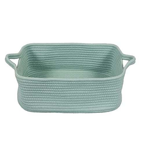 XUANGUO Medium Woven Cotton Rope Storage Basket with Handles, Light Green | Small decorative rectangle storage bin for baby nursery items and cat toys; ideal as an empty gift basket or dog toy basket - color: light green