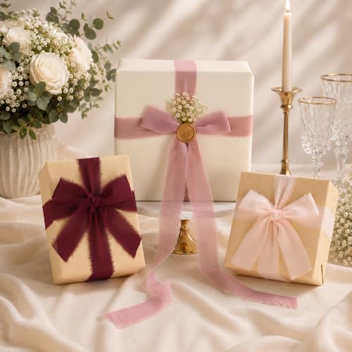 DORIS HOME Handmade Fringe Chiffon Ribbon 1" x 21Yd Burgundy & Pink | Fabric Ribbon, For Flower Bouquet/Gift Wrapping/Wedding Invitations/Christmas Decorations/Party Decor - color: Burgundy and Pink