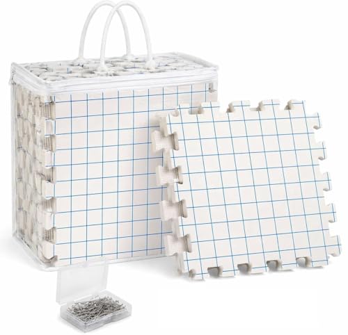 IRSTBL Knitting Blocking Mats Set – 9 Interlocking Foam Mats with Gridlines, 100 T Pins, 20 Locking Stitch Markers and Storage Bag – Crochet Blocking Boards Kit