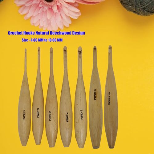 Handcrafted Wooden Crochet Hooks with Bag, 4 MM to 10 MM | Comfortable Grip | Smooth Finish & Ergonomic Design | Galaxy Indiacraft (Natural Beechwood, 7 MM) - color: Natural Beechwood, size: 7 MM
