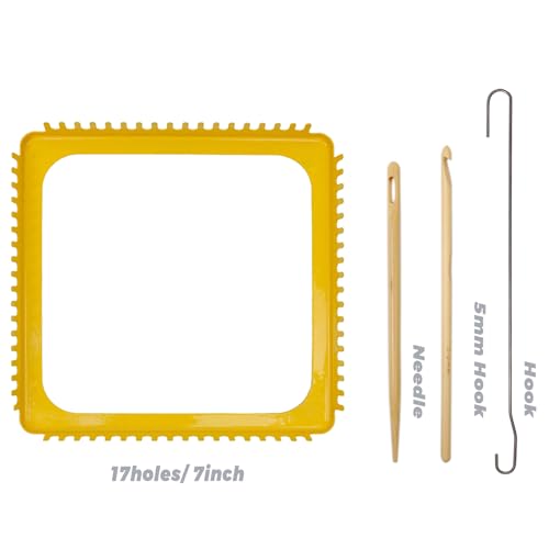 ULIONTAC Solid Metal Square Weaving Loom Tool Potholder Set (7 inch,Yellow) | Crochet Knitting Sewing DIY Set Craft Elastic Hoop and Yarn Weave Plate Beginner-Friendly - color: 7inch, Yellow