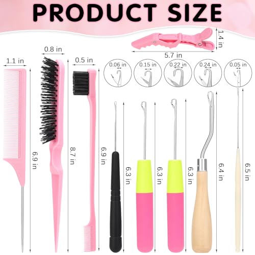 10Pcs Crochet Hooks for Hair Set for Passion Twist Crochet Hair Extensions | with 5 Crochet Needles, Edge Brush, Bristle Brush, Rat Tail Comb, 2 Gator Clips,Latch Hook