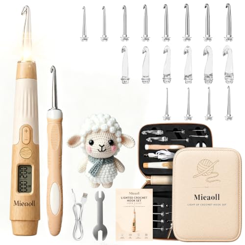 Lighted Crochet Hook Set, Crochet Hooks with Stitch & Row Counter, 18 Sizes | Rechargeable LED Light for Low-Light Crocheting, Handy Crochet Accessories, Mother's Day and Birthday Gifts for Crocheters