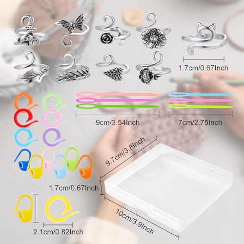 HUISUYTON 9PCS Crochet Ring for Finger with 30 Stitch Markers & 6 Needles | Adjustable Crochet Tension Ring, Yarn Rings for Crocheting Knitting Gifts for Women - color: Silvery