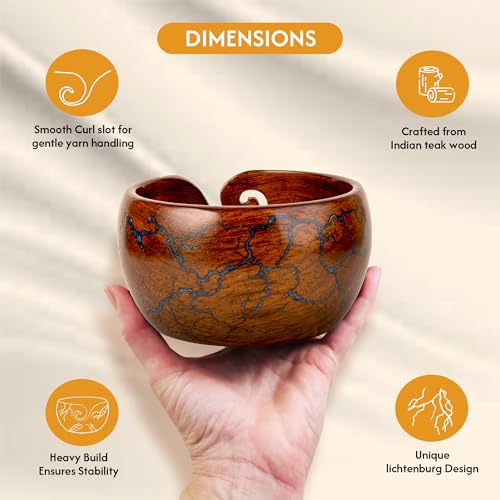 Wooden Yarn Bowl for Crocheting, 7x4 inch Large Rosewood Crochet Holder Gift Accessories and Knitting Gadgets Supplies Handcrafted with Fractal Wood Burning & Blue Resin Inlay ( Blue 7x4 ) - color: Blue