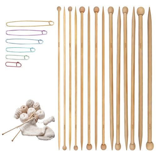 DIHUHAY 7-Pair Bamboo Knitting Needle Set - Natural Long Wooden Knitting Needles, Suitable for Beginners and Professionals to Knit Sweaters, Scarves, Shawls, Blankets, and Hats