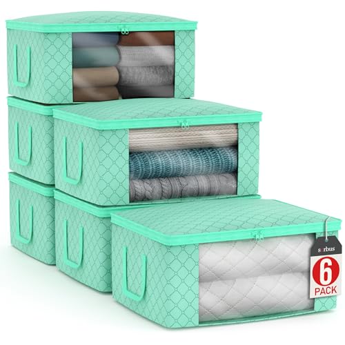 Sorbus Medium Clothes Storage Bags - Foldable Blanket Storage Bins for Organizing Bedroom, Closet, Clothing, Comforter, Organization with Clear Window, Lids and Carry Handles - Set of 6 - color: Teal, size: 6 Pack Large