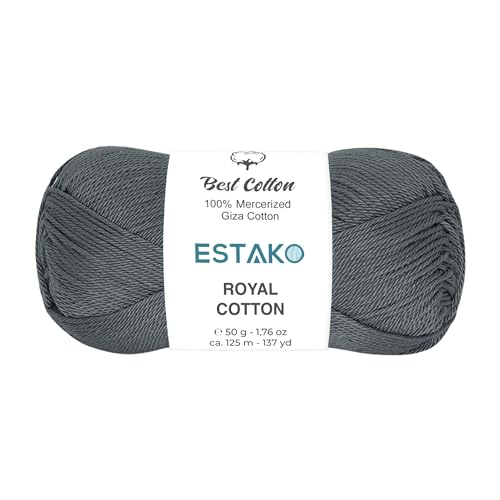 Estako Royal Cotton, 100% Mercerized Giza Cotton Yarn, Fingering, Dark Grey | soft, silky sheen, super fine, sock weight, 50 g, 137 yds, baby clothes, summer tops, amigurumi - color: 5055 - Dark Grey, size: 1 Skein