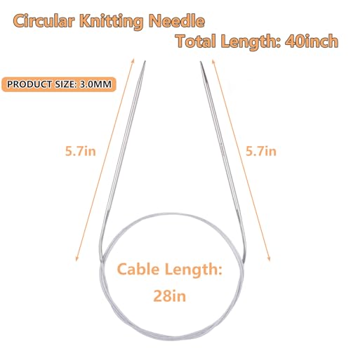 Hobekoee Circular Knitting Needle 40 inch (100cm),Size US 2.5 (3.0mm) Stainless Steel Round Knitting Needles for Smoothly Knit Blanket,Sweater,Coaster,Socks - size: US 2.5(3mm)