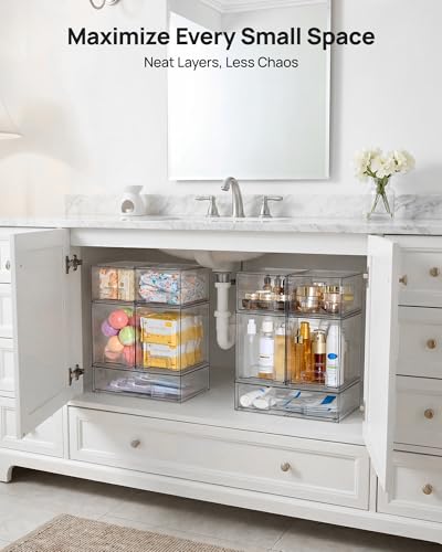 Vtopmart Clear Stackable Storage Drawers Set of 7, Plastic Organizer Bins | Multi-purpose Boxes for Baby Bottle Storage, Ideal for Kichen, Vanity, Bathroom, Undersink, Cabinet, Pantry Organization - style: 4 Small+2 High+1 Wide