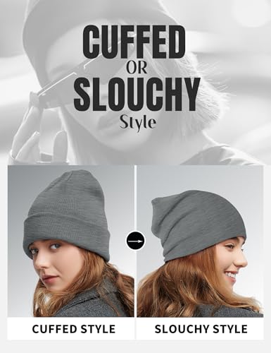 Fleece Lined Wool Beanie Hat Men Women, Warm Cuffed Winter Cap | 50% Wool Thermal Knit, Soft Velvet Fleece Liner, Long Style Full Ear Cover Warm Watch Cap, Tall Roomy Crown Skull Cap - color: Light Gray
