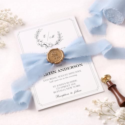 DORIS HOME Handmade Frayed Fringe Chiffon Ribbon 1" x 21Yd Blue & Ivory | Fabric Ribbon, For Flower Bouquet/Gift Wrapping/Wedding Invitations/Party Decorations - color: Blue and Ivory