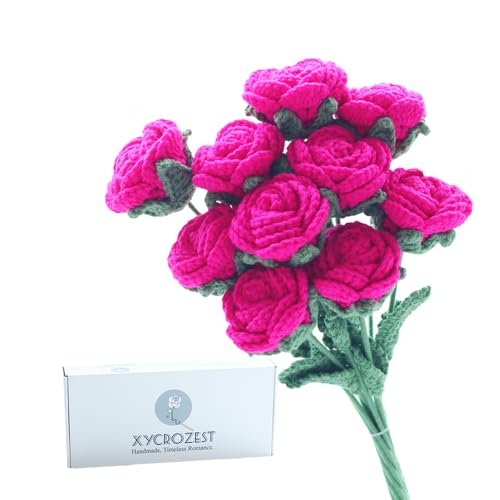 10PCS Hot Pink Crochet Roses | 16.1 in x 2.36in; wool yarn + thin iron wire stem; 100% hand crochet; vase filler, DIY wreath, bouquet, home decor, gift - color: Hot Pink