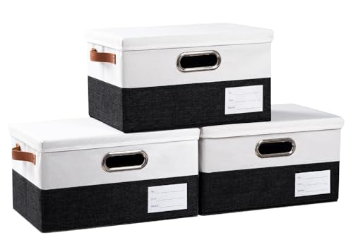 PRANDOM Storage Bins with Lids [3-Pack] Linen Fabric Foldable Storage Boxes Organizer Containers Baskets Cube with Cover for Bedroom Closet Office Black & White（11.4X8.6X6.7 - color: Black & White, size: S(3-Pack)