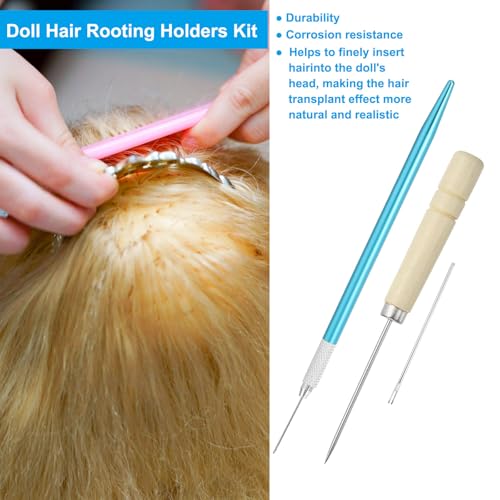 PATIKIL Doll Hair Rooting Holders Kit, 0.8mm Doll Hair Rerooting Knitting Needles with Wood Awls Crochet Hooks Doll Wig Tool for Doll Hair Making Supplies DIY Crafts, Blue - color: Blue, size: 0.8mm