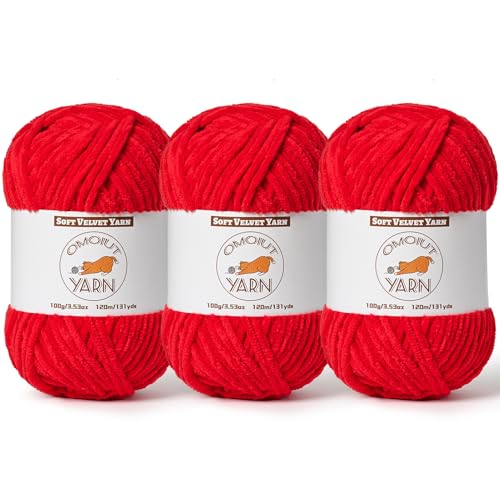 3 Pack Red Fluffy Velvet Yarn for Crocheting, Chunky Chenille Baby Blanket Yarn for Crocheting, Soft Fuzzy Puzzle Yarn for Knitting, (100g/3.53oz Each) Bulky Thick Amigurumi Crochet Yarns - color: 3 Red