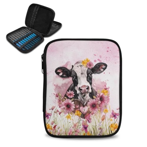 Cow Crochet Hook Case Lightweight Flower Crochet Organizers and Storage Soft for Travel Outdoors Home Easy to Carry - color: Cow Flower