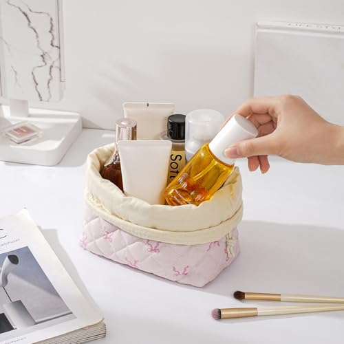 uekeboag Cotton Quilted Drawstring Makeup Bag（14Heart Bow） | Small ,Canvas Lining, Foldable Coquette Aesthetic Cute Travel Toiletry Bag,Drawstring Gift Bag for Women and Girls - color: 14Heart Bow