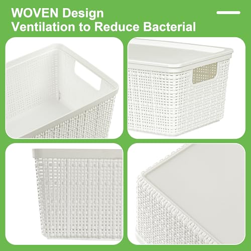 6 Pack Plastic Storage Baskets with Lid,White Stackable Bins | Durable Woven Plastic With handle Breathable,Save space,For Organizing Desktops, Closets, Playrooms, Classrooms, Offices - color: White