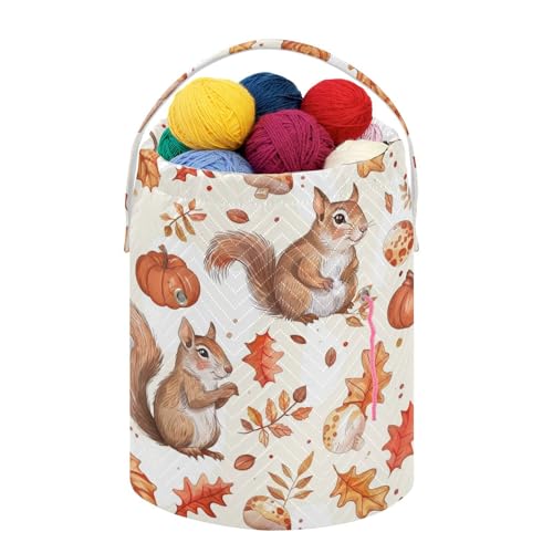 Fustylead Cute Squirrel Maple Pumpkin and Mushroom Yarn Knitting Crochet Drawstring Bag with Customized Front Compartment, Portable Large Storage Basket for Crocheting Project, Kit, Yarn Ball, Needle - color: Beige01 Squirrel