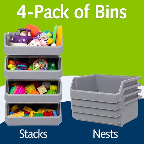ReadySpace Extra Large Stackable Plastic Storage Bins, 4-Pack, Grey | Open-Front Stackable Bins For Garage, Pantry, Closet & Office, 14,8"L X 16,5"W X 7"H, Nests When Empty, Durable Plastic, - color: Grey, size: Extra Large, 4-Pack