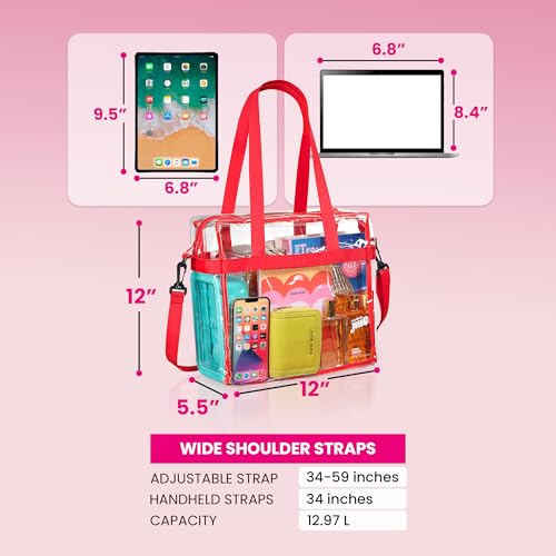 Handy Laundry Clear Bag 12x6x12 Stadium Approved Tote, Zipper Strap | PVC Clear Stadium Tote, Zipper Top, Shoulder Straps, 12x6x12 Meets Tournament Guidelines, for Concerts Work Sports - color: Red