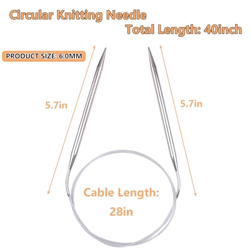 Hobekoee Circular Knitting Needle 40 inch (100cm),Size US 10 (6.0mm) Round Stainless Steel Knitting Needles for Smoothly Knit Blanket,Sweater,Coaster,Socks - size: US 10(6mm)