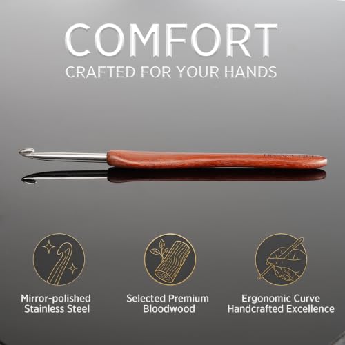 SEVENSUN Mimosa 4.5mm Single Crochet Hook, Available in 0.6mm-6.5mm, Ergonomic Hand Polished Stainless Steel Inline Pointy Wood Handle Crochet Hook for Arthritic Hands - size: 4.5mm(No. 7)