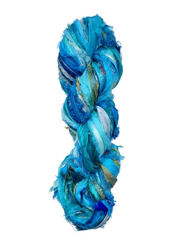 Maker's Craft Recycled Fuzzy Fringes Sari Silk Ribbon Yarn 35yards, 100Grams for DIY Knitting Crocheting Gift Wrapping, Christmas Decoration, Macrame Makers, Jewelry Making, Rugs Hooking (Aqua) - color: Aqua