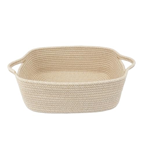 XUANGUO Medium Woven Cotton Rope Storage Basket with Handles, Oatmeal | Small decorative rectangle storage bin for baby nursery items and cat toys; ideal as an empty gift basket or dog toy basket - color: Oatmeal