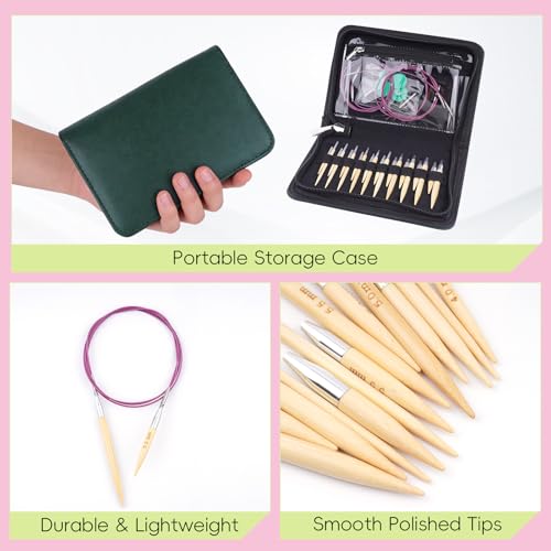 BsHooker Circular Knitting Needles Set with Case,10 Pairs Interchangeable Bamboo Knitting Needles with 5 Flexible Cables 3mm-6.5mm,Short Circular Needles 38Pcs