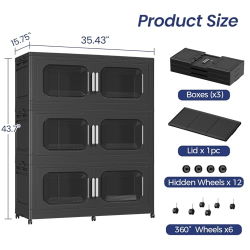 150Gal Extra Large Stackable Storage Bins with Wheels & Lid & Doors, 200QT/50GAL 3-Tiers Collapsible Closet Organizers Plastic Drawers Containers Boxes for Home Kitchen Bedroom, Black - color: Black, size: 50Gal-3Pack