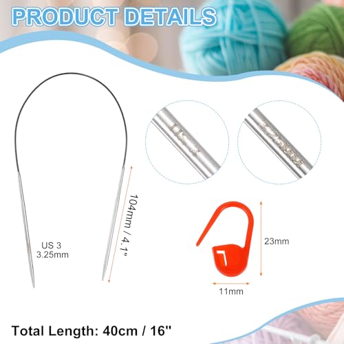 HARFINGTON 2pcs Knitting Needles Size US 3(3.25mm) Circular Needle | 16"(40cm), Round Metal Stainless Steel, with Markers, for Handmade Projects DIY Knitting