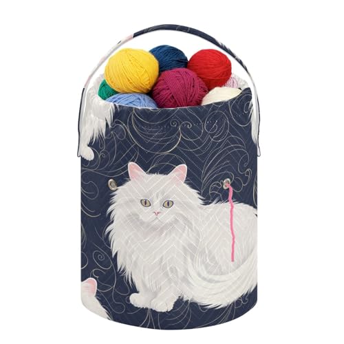 Fustylead Cute White Persian Cat on Dark Background Large Yarn Storage Tote Basket, Knitting Crochet Drawstring Organizer Bag for Crocheting Project, Yarn Balls, Needles Accessories - color: Blue12 Persian Cat