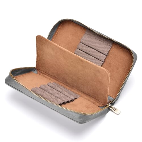 Fountain Pen Leather Pen Case 10 Divided Slots, Rollerball Pen Holder Handmade Display Organizer Zippered Pouch - color: Gray