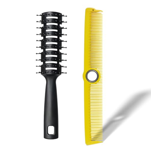 Round Vented Hair Brush & Barber Fine Tooth Cutting Comb Set (Yellow) | 360° Rotatable Finger Spin Comb for Blow Drying, Volume Curling, Hair Sectioning, for Salon Barbershop & Home Use - color: Yellow