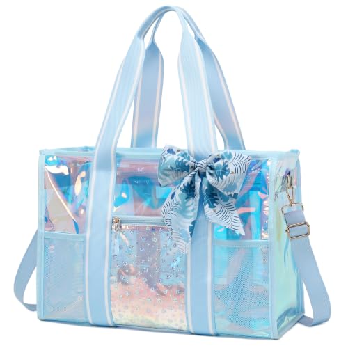 Sisipoet Women Clear Beach Bag, Large Iridescent Clear Tote Bag with Phone Pouch and Strap, Heavy Duty Waterproof Jelly Tote - color: Iridescent-blue